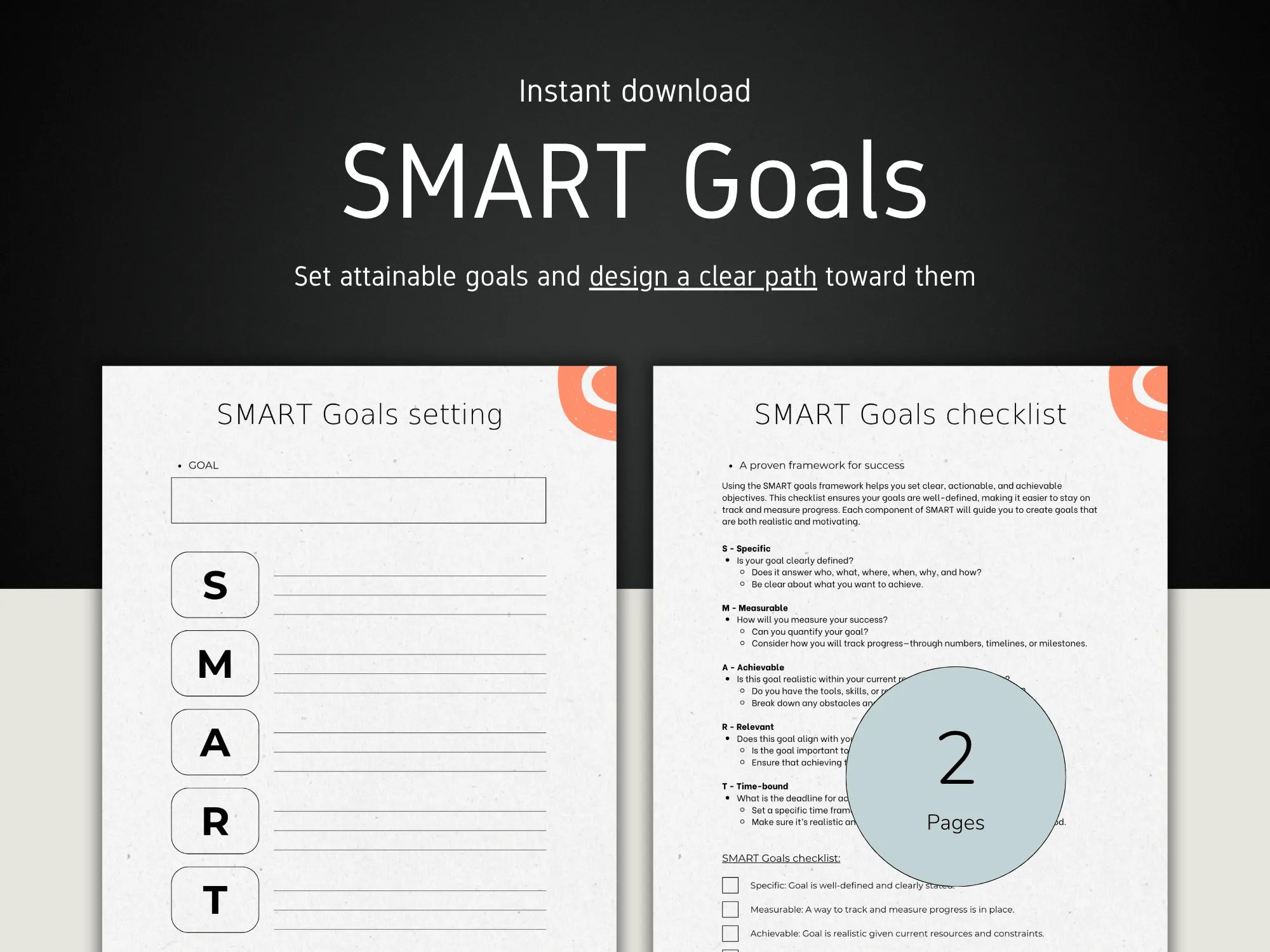 SMART Goals setting and checklist document on a black background