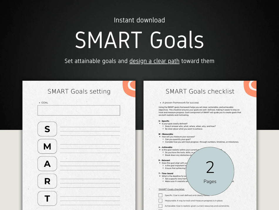 SMART Goals setting and checklist document on a black background