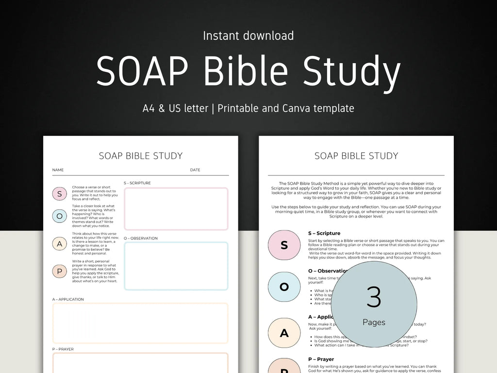 SOAP Bible Study template with two pages displayed on a black background
