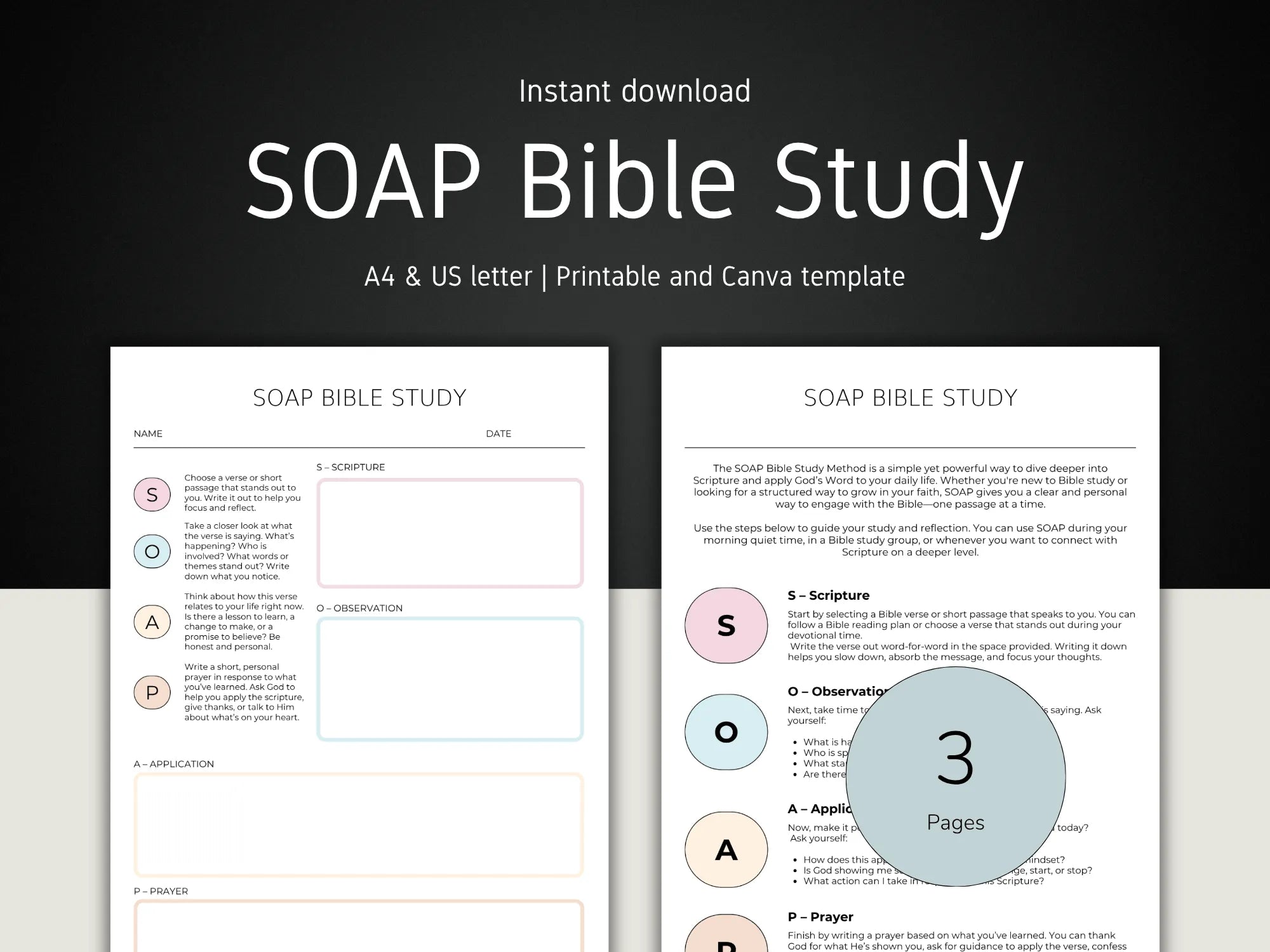 SOAP Bible Study template with two pages displayed on a black background
