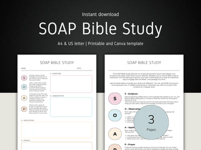 SOAP Bible Study template with two pages displayed on a black background