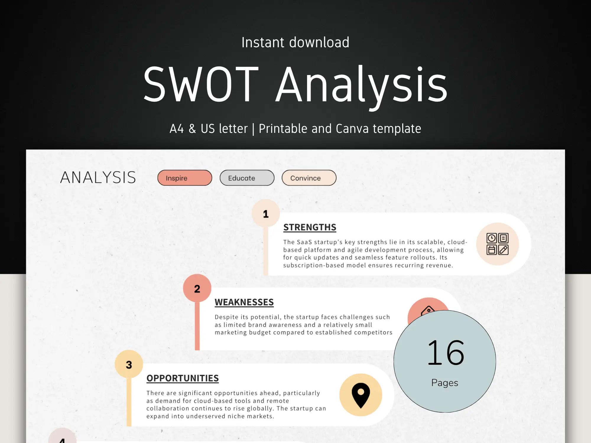 A digital template preview for a SWOT Analysis printable or Canva template, shown on a dark background with the text 'Instant download', 'SWOT Analysis', 'A4 & US letter | Printable and Canva template', and a sample analysis page featuring colored labels and sections for Strengths, Weaknesses, Opportunities, and Actions. A large badge reads '16 Pages'.