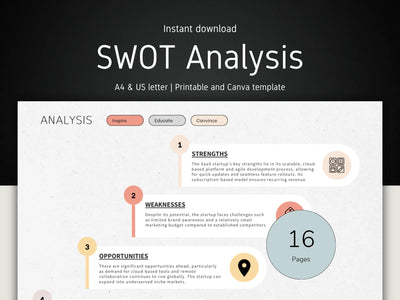 A digital template preview for a SWOT Analysis printable or Canva template, shown on a dark background with the text 'Instant download', 'SWOT Analysis', 'A4 & US letter | Printable and Canva template', and a sample analysis page featuring colored labels and sections for Strengths, Weaknesses, Opportunities, and Actions. A large badge reads '16 Pages'.