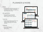 Four computer monitors displaying a planner application on a light gray background