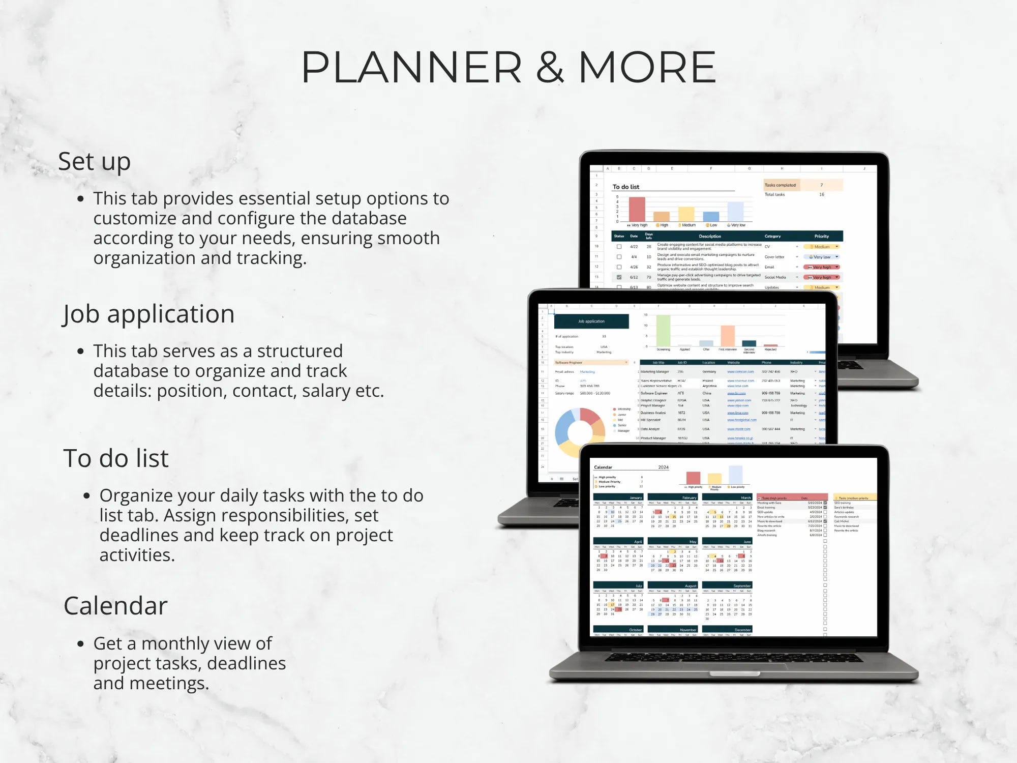 Four computer monitors displaying a planner application on a light gray background