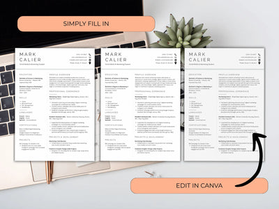 Three versions of a resume template on a desk with a laptop and plant.
