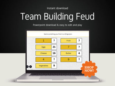 A promotional graphic for a digital PowerPoint presentation titled 'Team Building Feud' shown on a laptop screen. The slide features a game layout with yellow highlighted categories such as Fruit, Eggs, Cheese, Butter, and Vegetables, each with numbered question marks and scores.