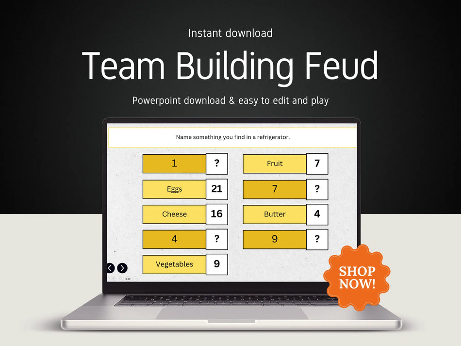 A promotional graphic for a digital PowerPoint presentation titled 'Team Building Feud' shown on a laptop screen. The slide features a game layout with yellow highlighted categories such as Fruit, Eggs, Cheese, Butter, and Vegetables, each with numbered question marks and scores.