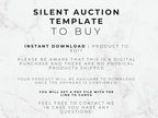 Text on a marble background about a silent auction template for digital download.