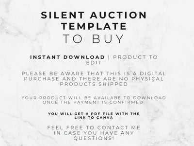 Text on a marble background about a silent auction template for digital download.