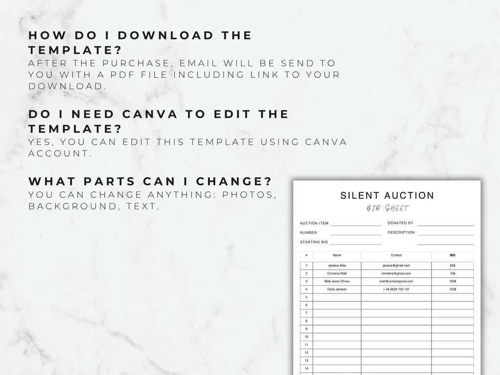 Silent auction bid sheet template on a white marble background with text instructions.