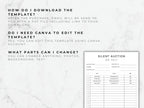 Silent auction bid sheet template on a white marble background with text instructions.
