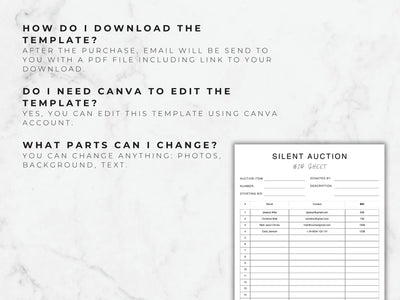 Silent auction bid sheet template on a white marble background with text instructions.