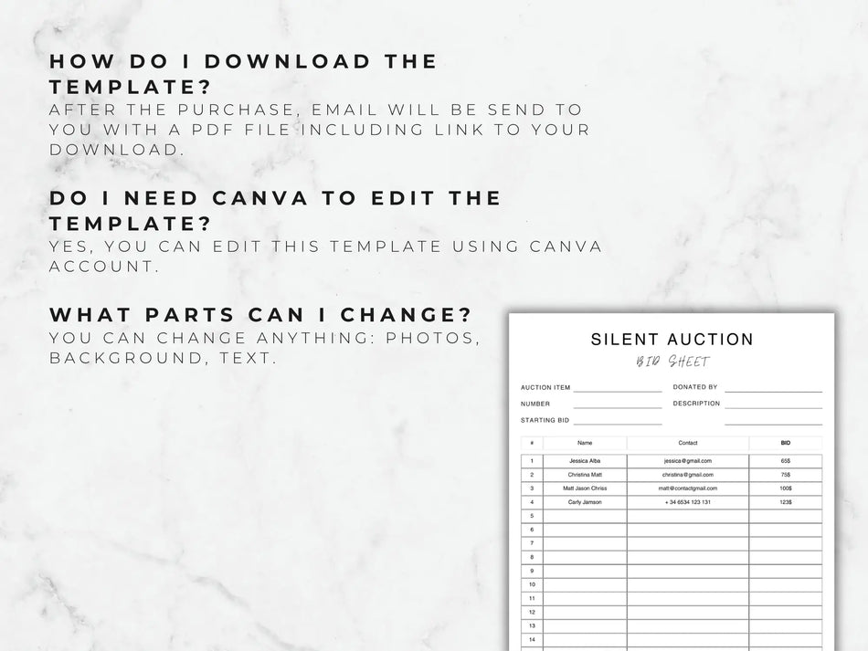 Silent auction bid sheet template on a white marble background with text instructions.