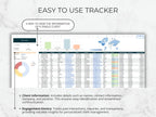 Software interface for client tracking with charts and tables on a light background