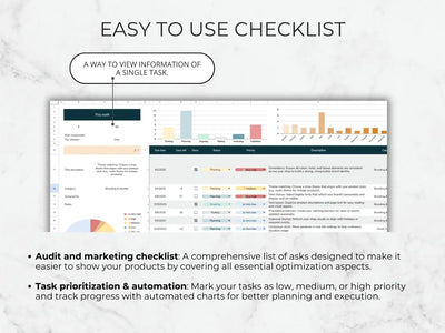 Audit and marketing checklist with task prioritization and automation features on a white background.