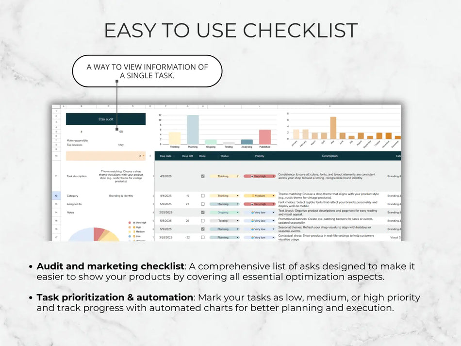 Audit and marketing checklist with task prioritization and automation features on a white background.