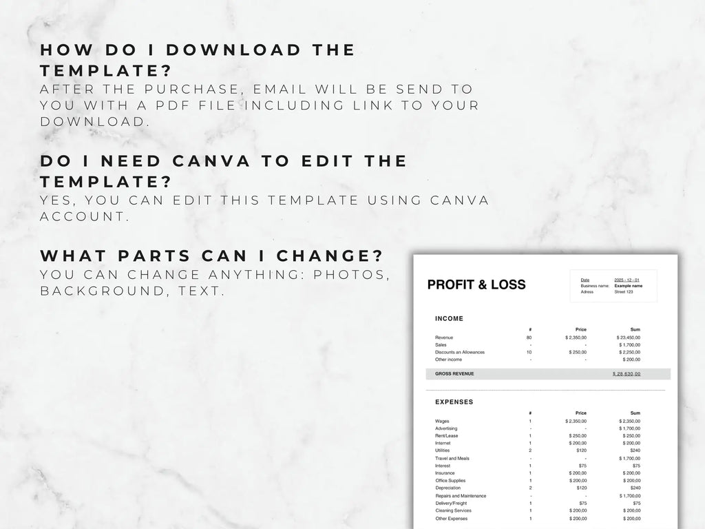 Profit and loss template with text on a marble background