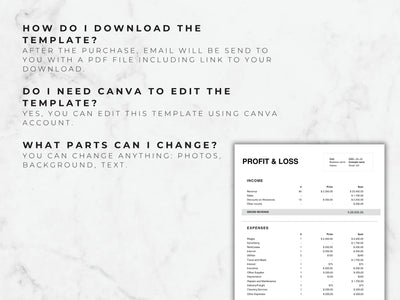 Profit and loss template with text on a marble background