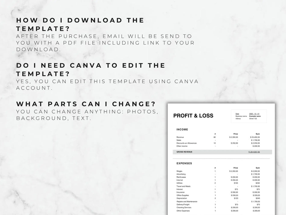 Profit and loss template with text on a marble background