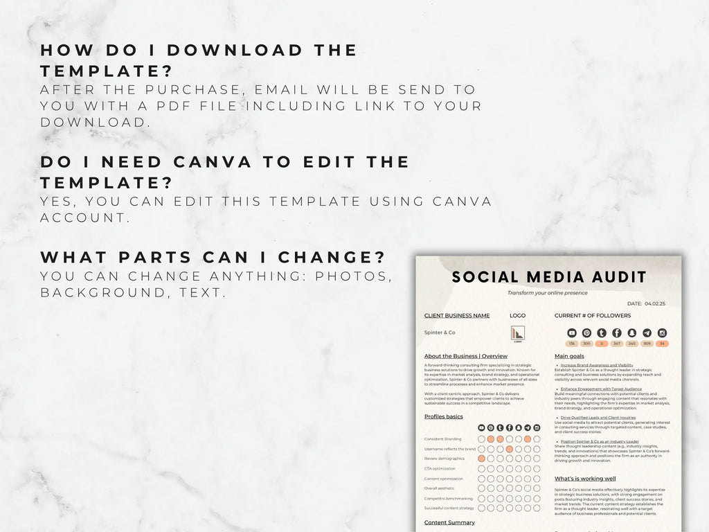 Social Media Audit template with text instructions on a marble background