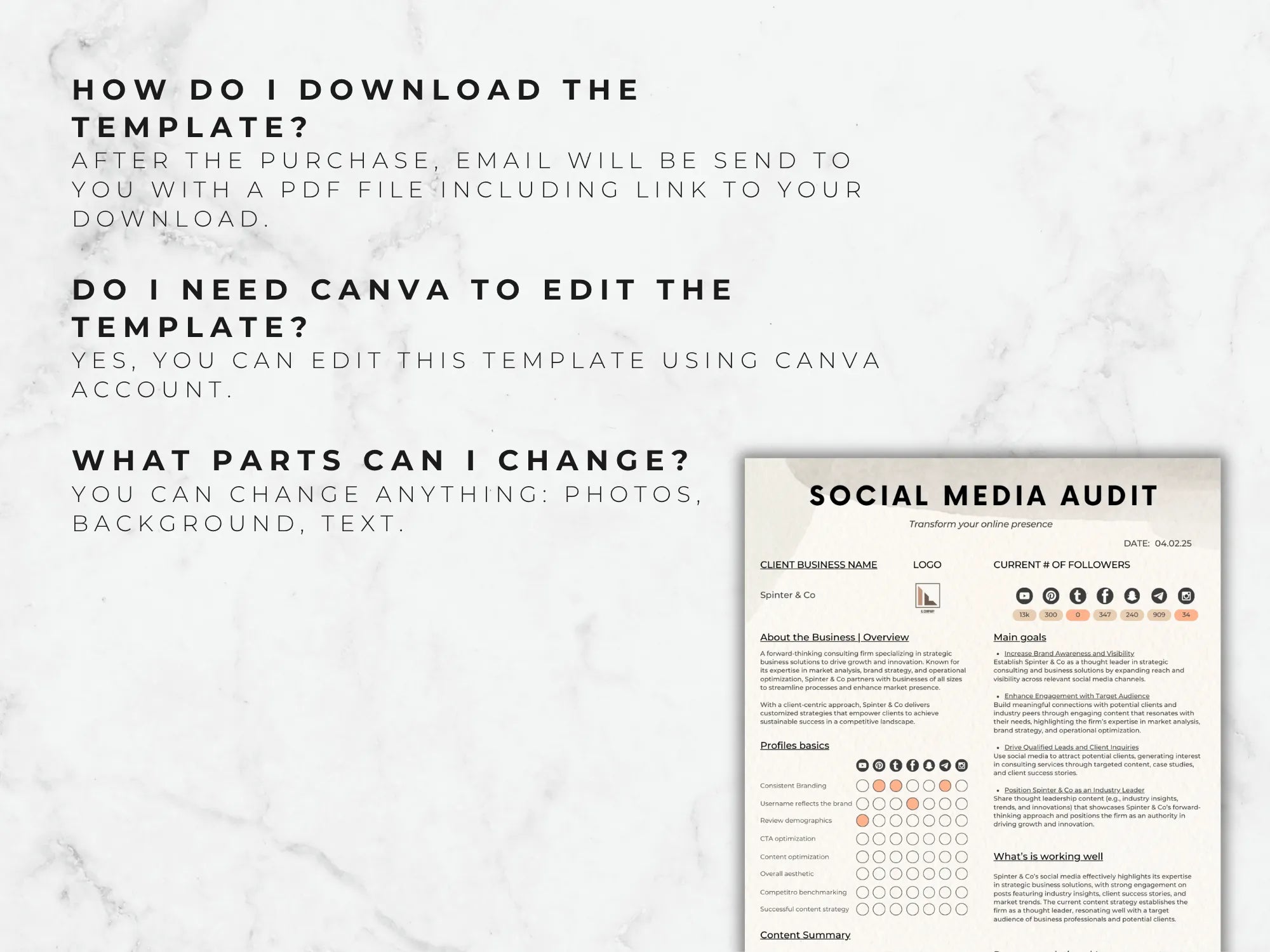 Social Media Audit template with text instructions on a marble background