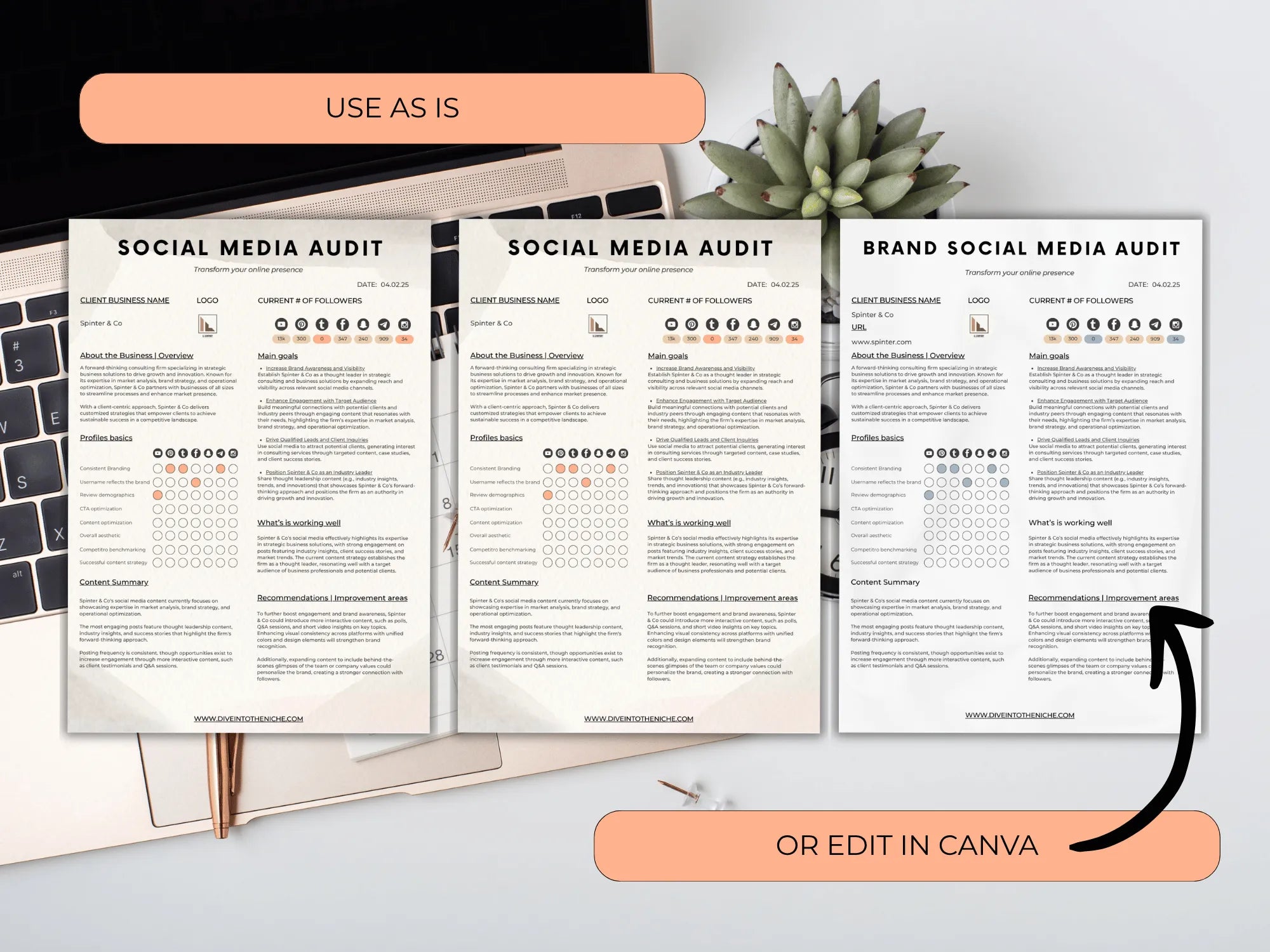 Social media audit templates on a desk with a laptop and plant, with options to use as is or edit in Canva.