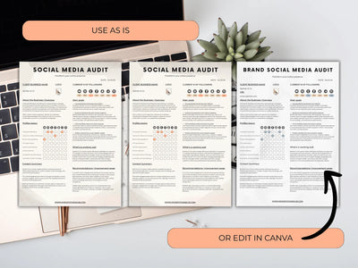 Social media audit templates on a desk with a laptop and plant, with options to use as is or edit in Canva.