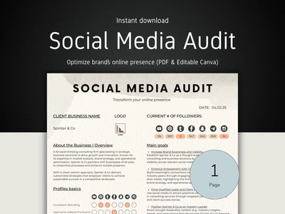 Social Media Audit template with branding options on a dark background