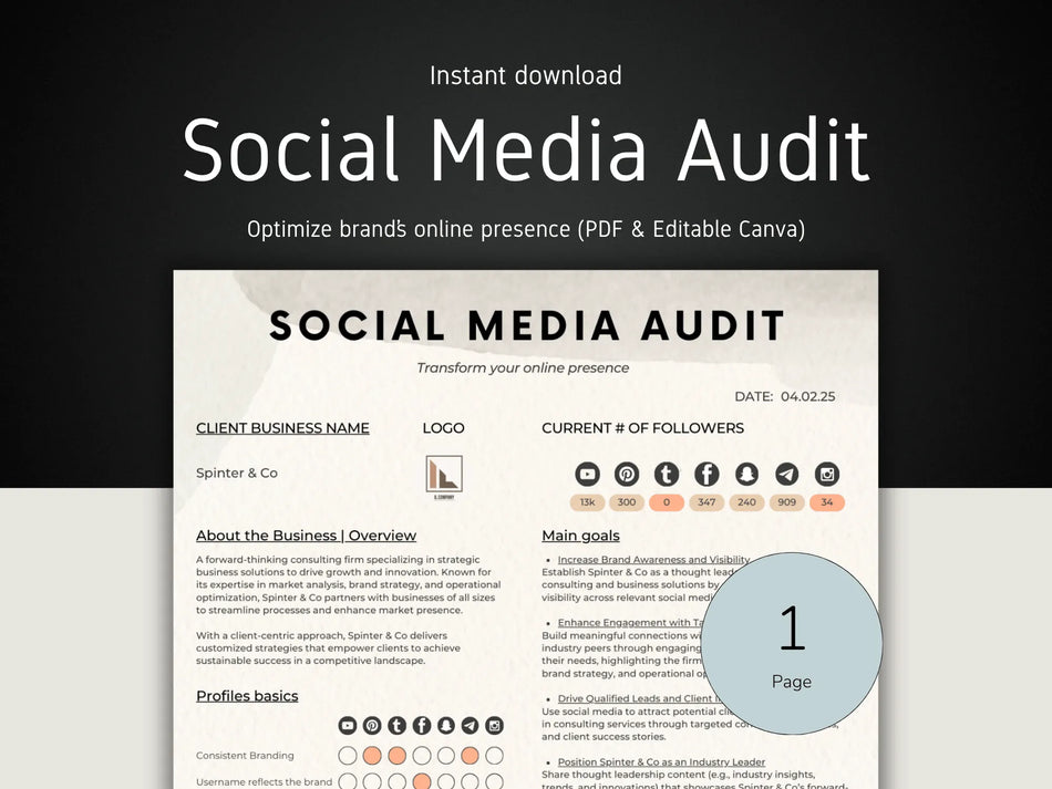 Social Media Audit template with branding options on a dark background