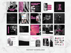 Collection of social media strategy and engagement posters with a pink and black color scheme on a marble background.