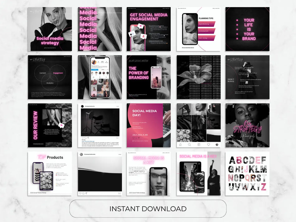 Collection of social media strategy and engagement posters with a pink and black color scheme on a marble background.