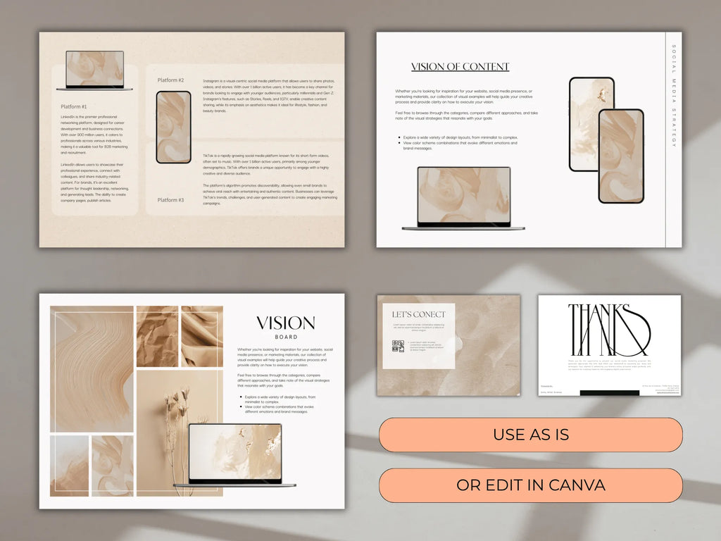 Preview of multiple template pages including platform strategy, vision board, and final call to action.