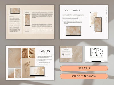 Preview of multiple template pages including platform strategy, vision board, and final call to action.