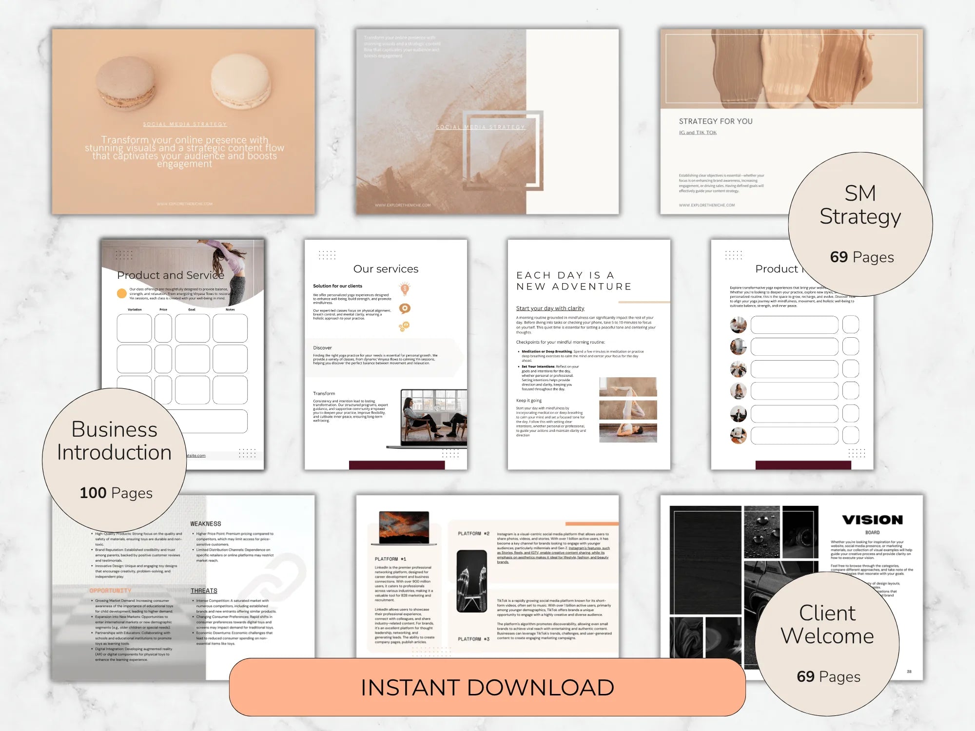 Collection of business templates with various sections on a white background