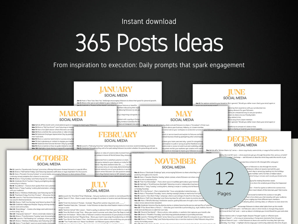12-page social media content planning guide with monthly prompts for social media posts.