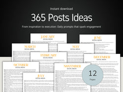 12-page social media content planning guide with monthly prompts for social media posts.