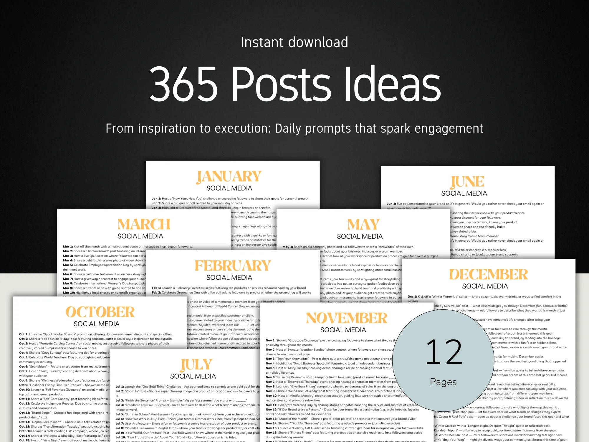 12-page social media content planning guide with monthly prompts for social media posts.