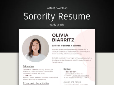 Sorority resume template with a photo of a woman named Olivia Biarritz on a dark background