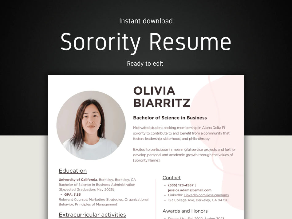 Sorority resume template with a photo of a woman named Olivia Biarritz on a dark background
