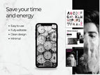 Phone case with clock design and text about time-saving features on a marble background