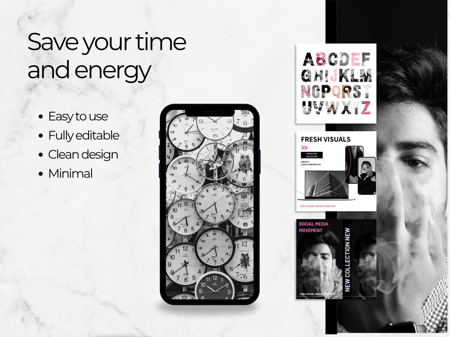 Phone case with clock design and text about time-saving features on a marble background