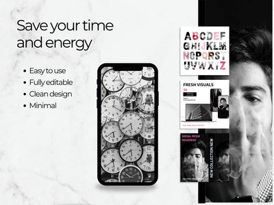 Phone case with clock design and text about time-saving features on a marble background