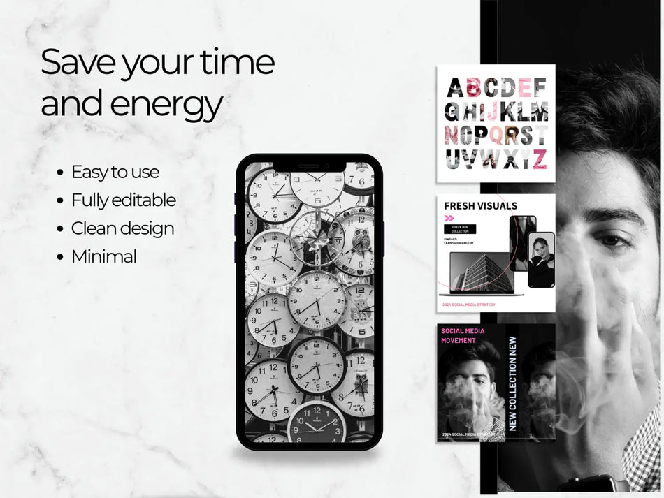 Phone case with clock design and text about time-saving features on a marble background