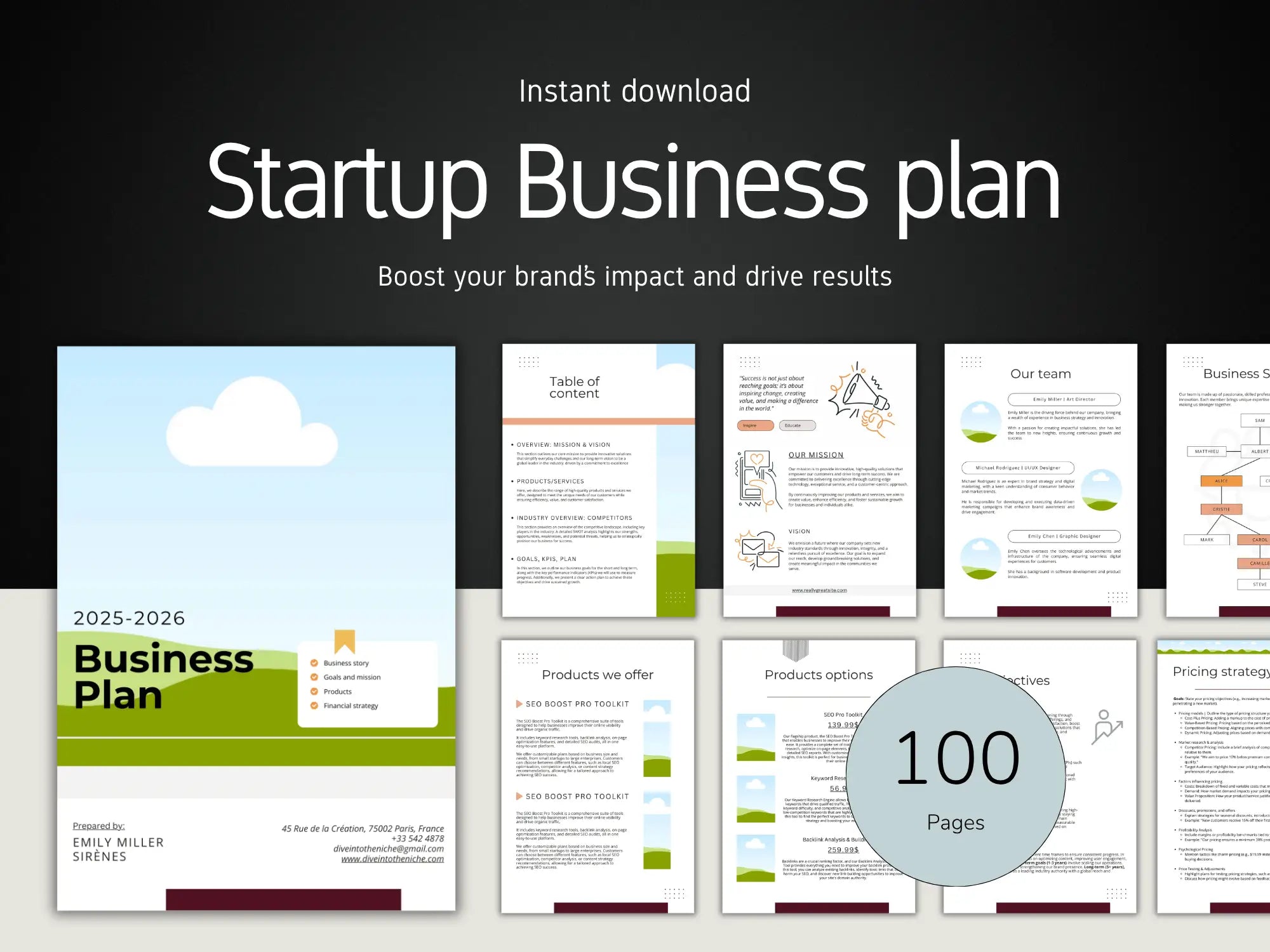 A dark background showing several modern business plan pages with the text Startup Business Plan and a 100 pages badge