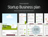 A dark background showing several modern business plan pages with the text Startup Business Plan and a 100 pages badge