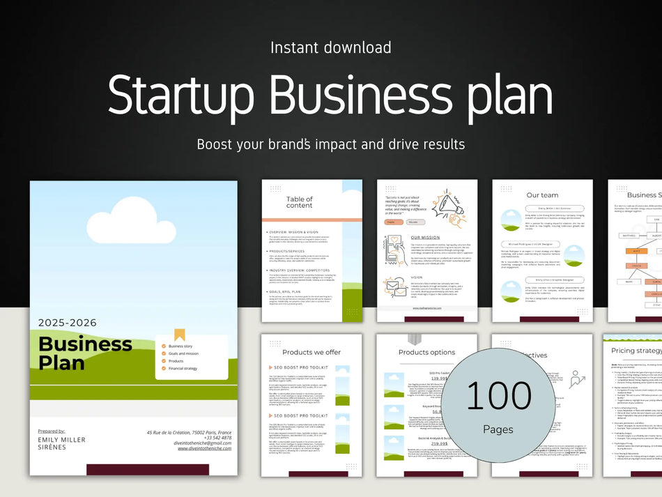 A dark background showing several modern business plan pages with the text Startup Business Plan and a 100 pages badge