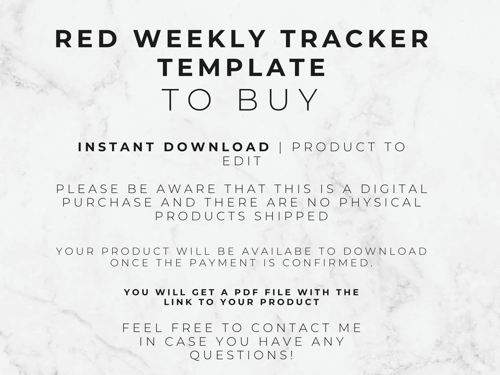 Text on a marble background describing a red weekly tracker template for purchase.