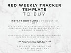 Text on a marble background describing a red weekly tracker template for purchase.