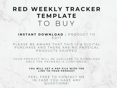 Text on a marble background describing a red weekly tracker template for purchase.